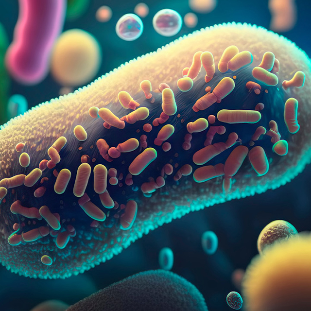 Bacterial cell floating in cytoplasm with other bacteria in the background